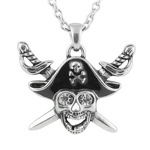 Buccaneer Skull Pendant Necklace - Stainless Steel with CZs Bijou Her