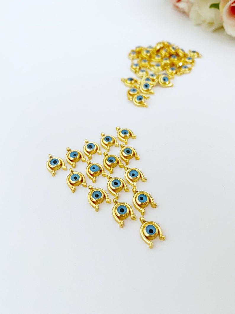 Bulk Mini Gold Horseshoe Evil Eye Beads - 5 pcs Charm Necklace Supply Bijou Her