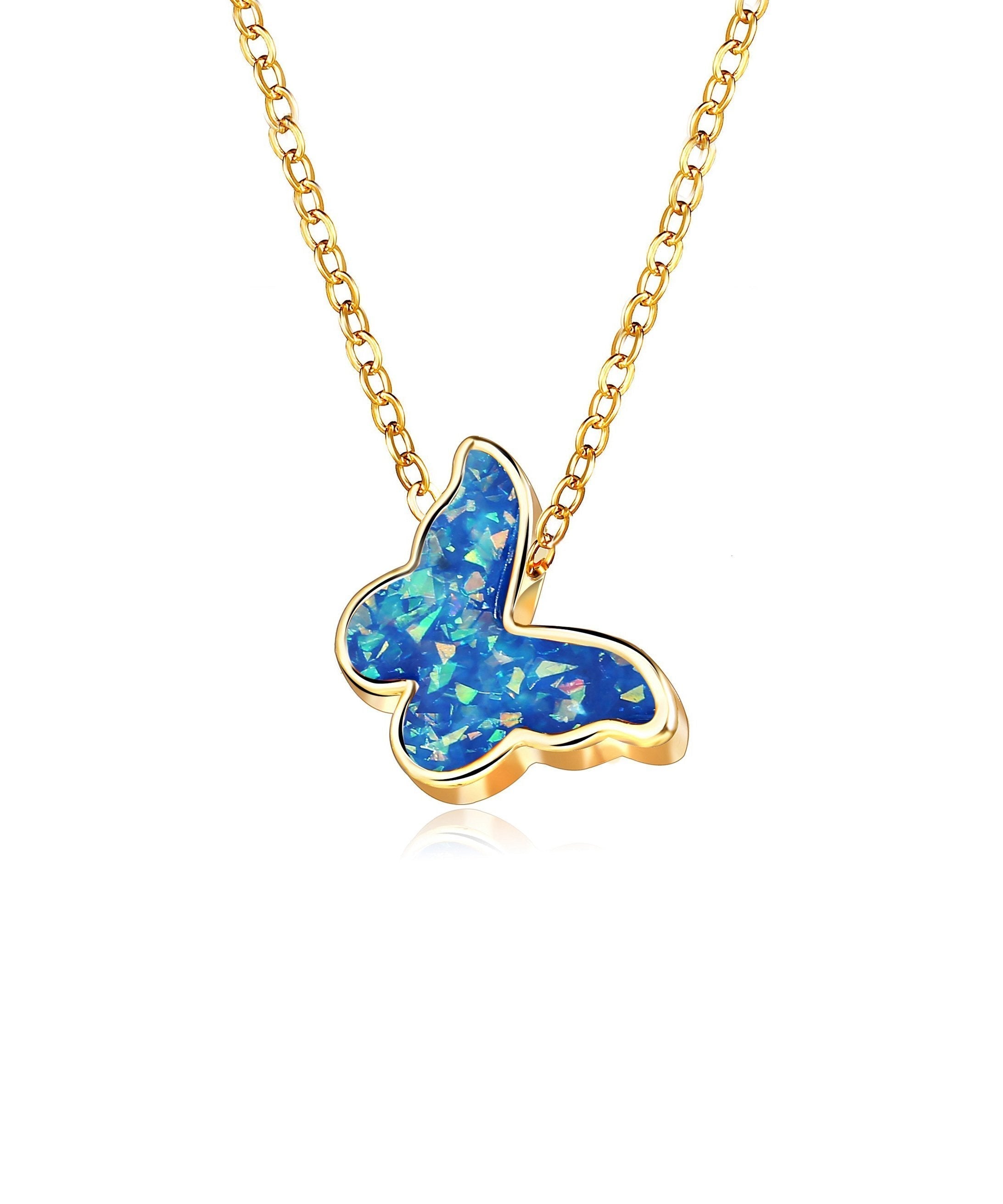 Butterfly-Blue Opal Necklace - 18K Gold Plated, 18" Chain with Extender, Lobster Clasp, Hypoallergenic & Comfort Fit, Made in Italy Bijou Her