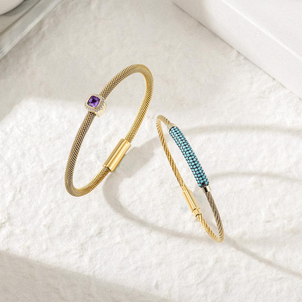 CZ Gemstone Halo Bangle Set - Purple/Red Center Stone, Turquoise Beading, Hypoallergenic Metal Bijou Her