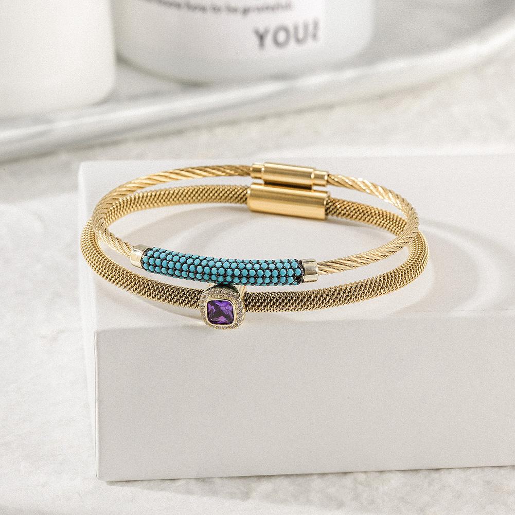 CZ Gemstone Halo Bangle Set - Purple/Red Center Stone, Turquoise Beading, Hypoallergenic Metal Bijou Her