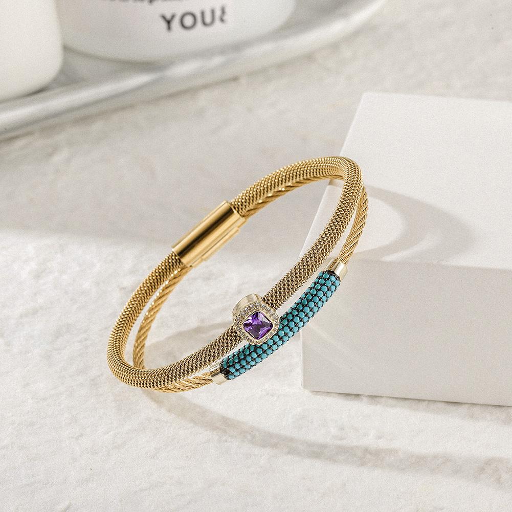 CZ Gemstone Halo Bangle Set - Purple/Red Center Stone, Turquoise Beading, Hypoallergenic Metal Bijou Her