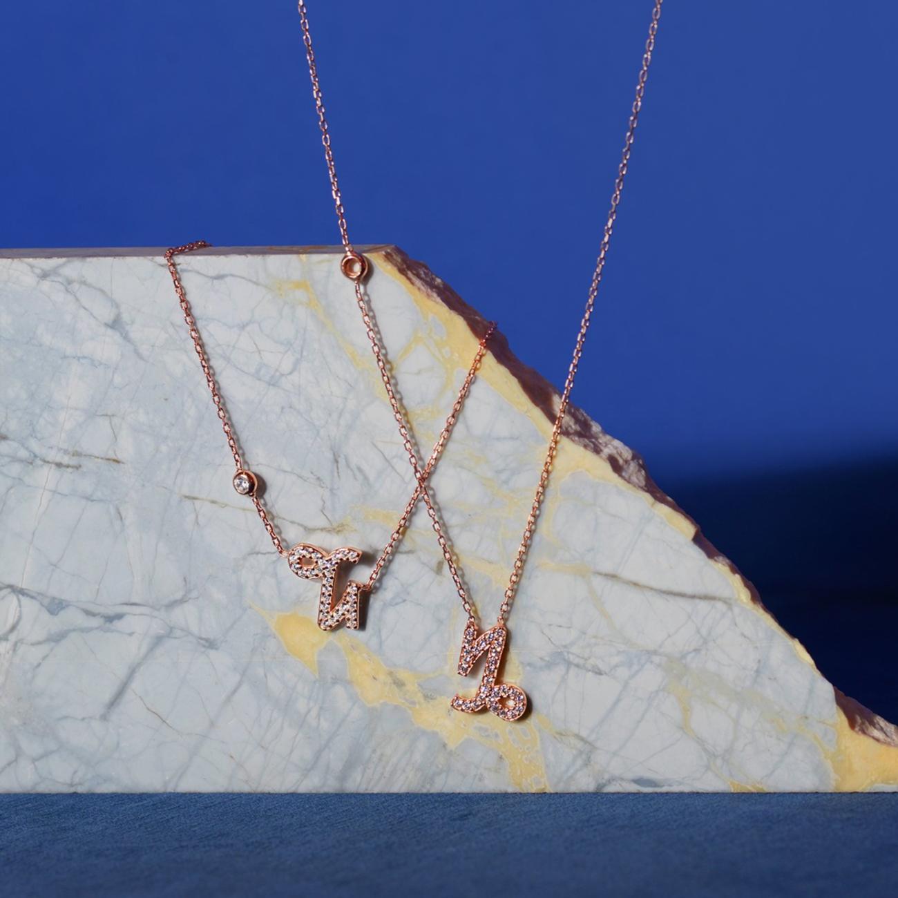 Capricorn Zodiac Pendant Necklace in Rose Gold with Cubic Zirconia Stones Bijou Her