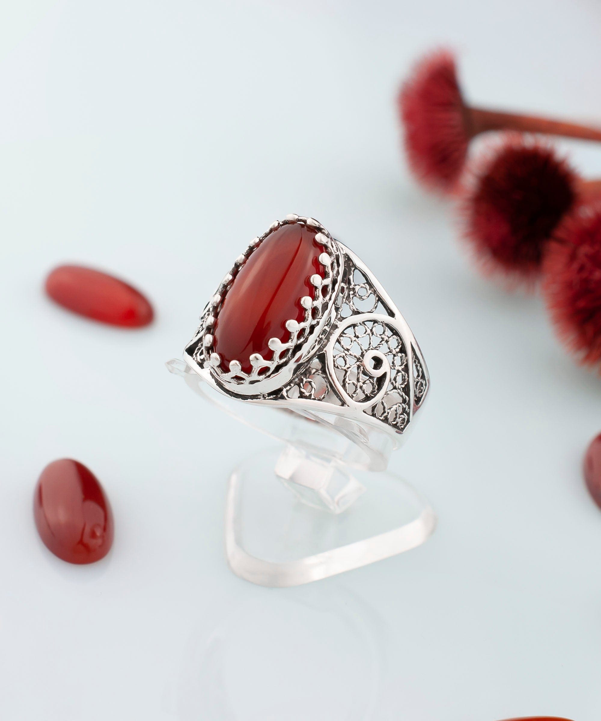 Carnelian Gemstone Filigree Cocktail Ring - Women's Oval Silver Jewelry Bijou Her