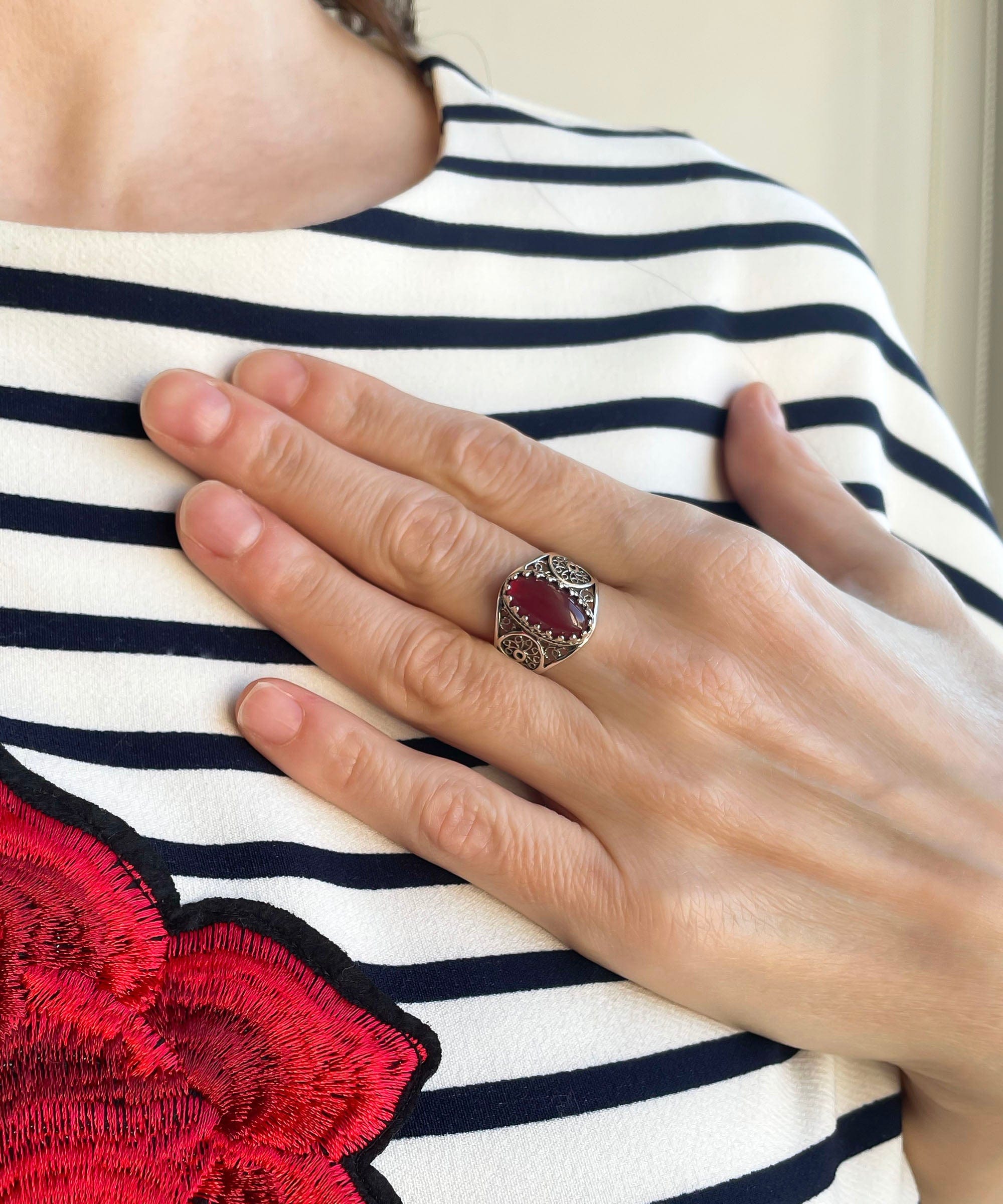 Carnelian Gemstone Filigree Cocktail Ring - Women's Oval Silver Jewelry Bijou Her