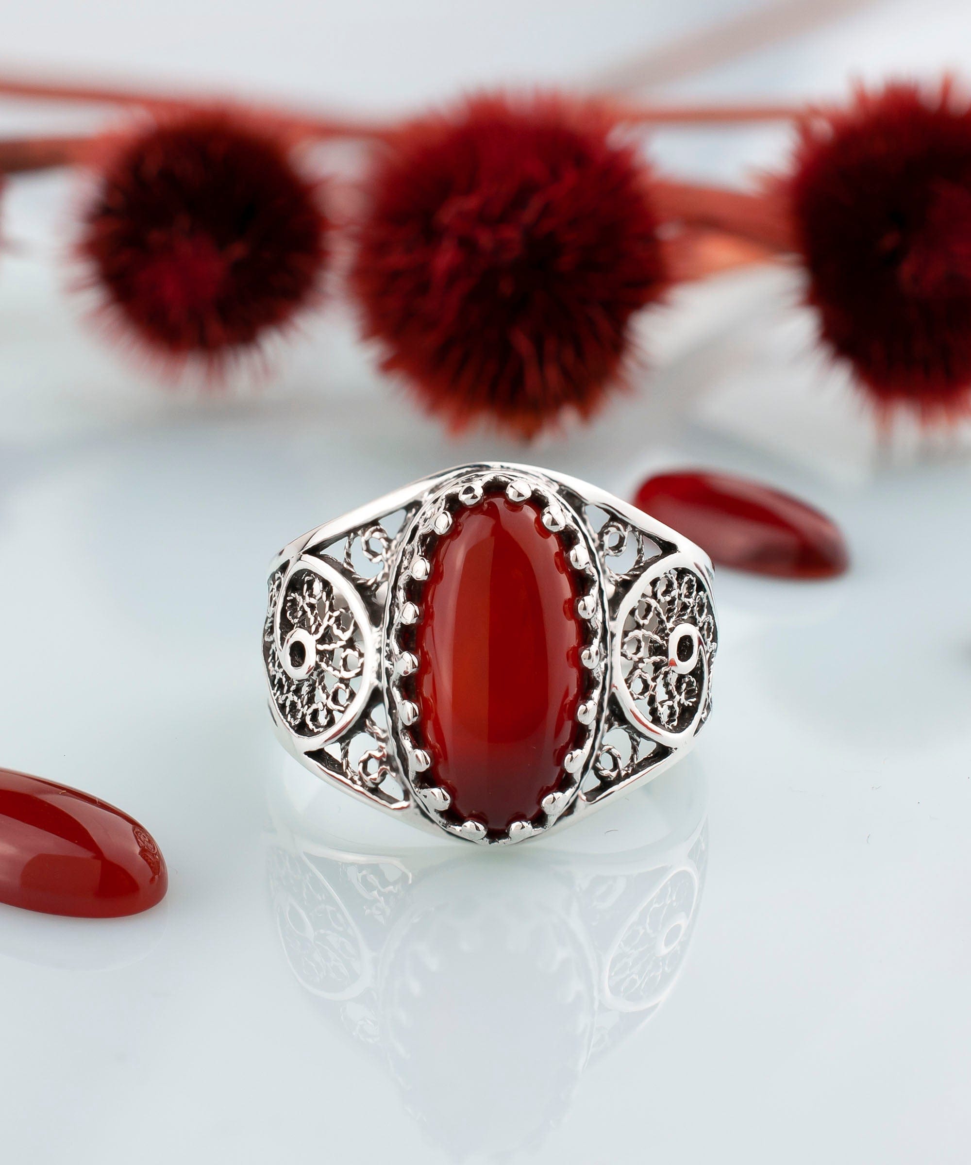 Carnelian Gemstone Filigree Cocktail Ring - Women's Oval Silver Jewelry Bijou Her