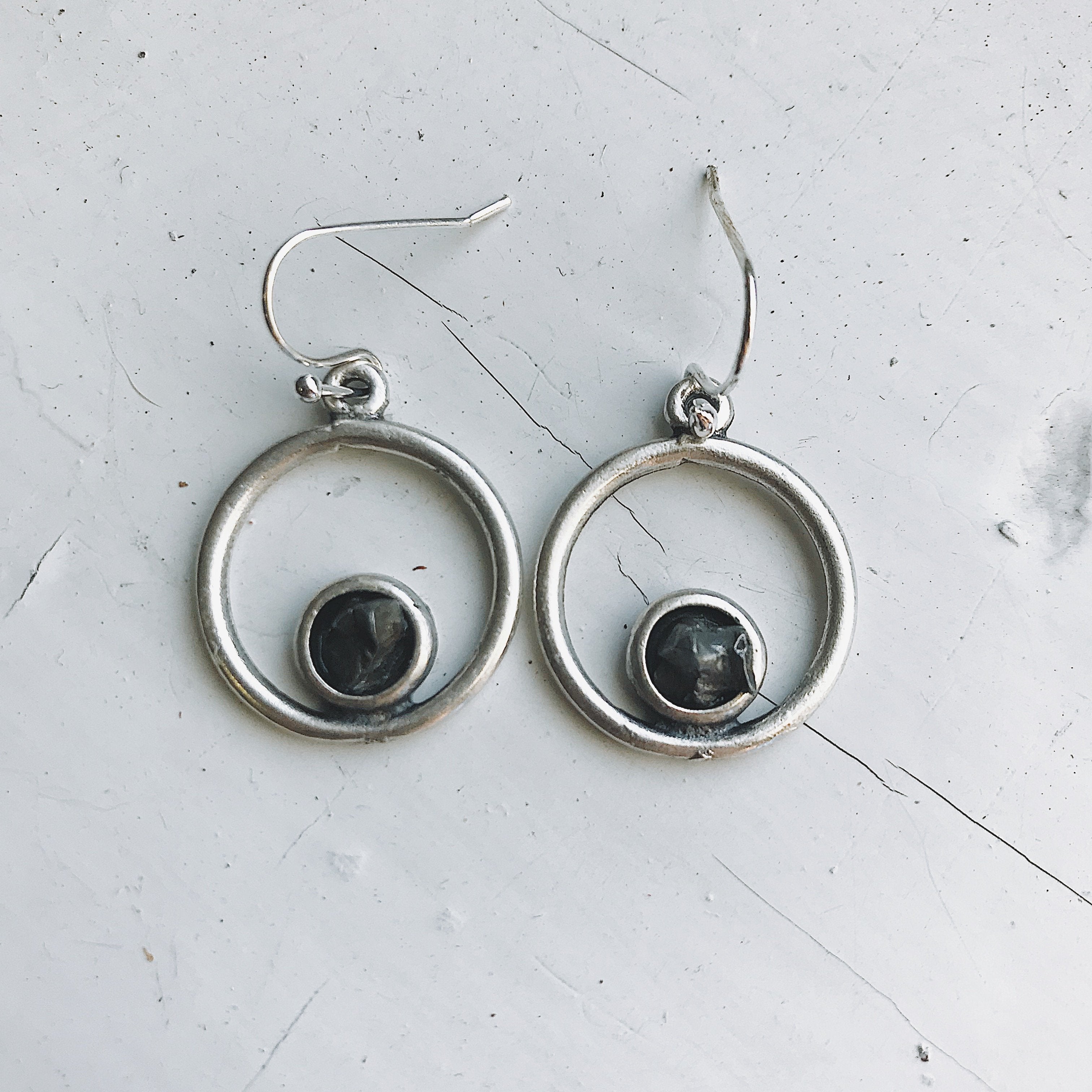 Celestial Circle Silver Earrings with Raw Meteorite - Authentic and Unique Jewelry Bijou Her