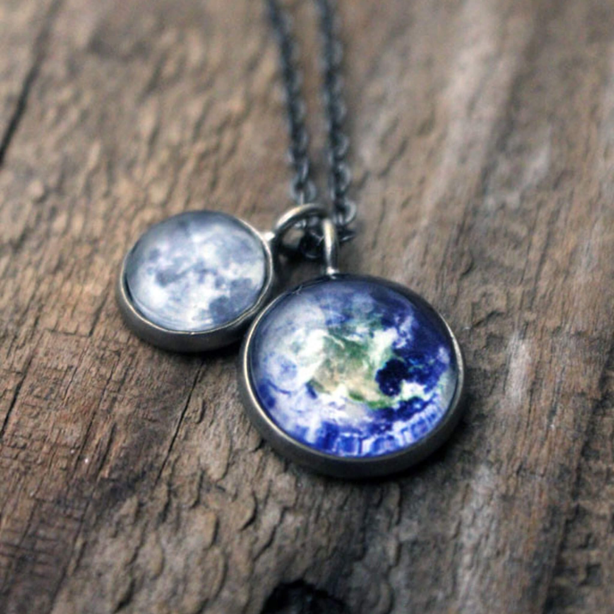 Celestial Earth and Moon Layered Necklace - Inspired by Carl Sagan's Pale Blue Dot Bijou Her