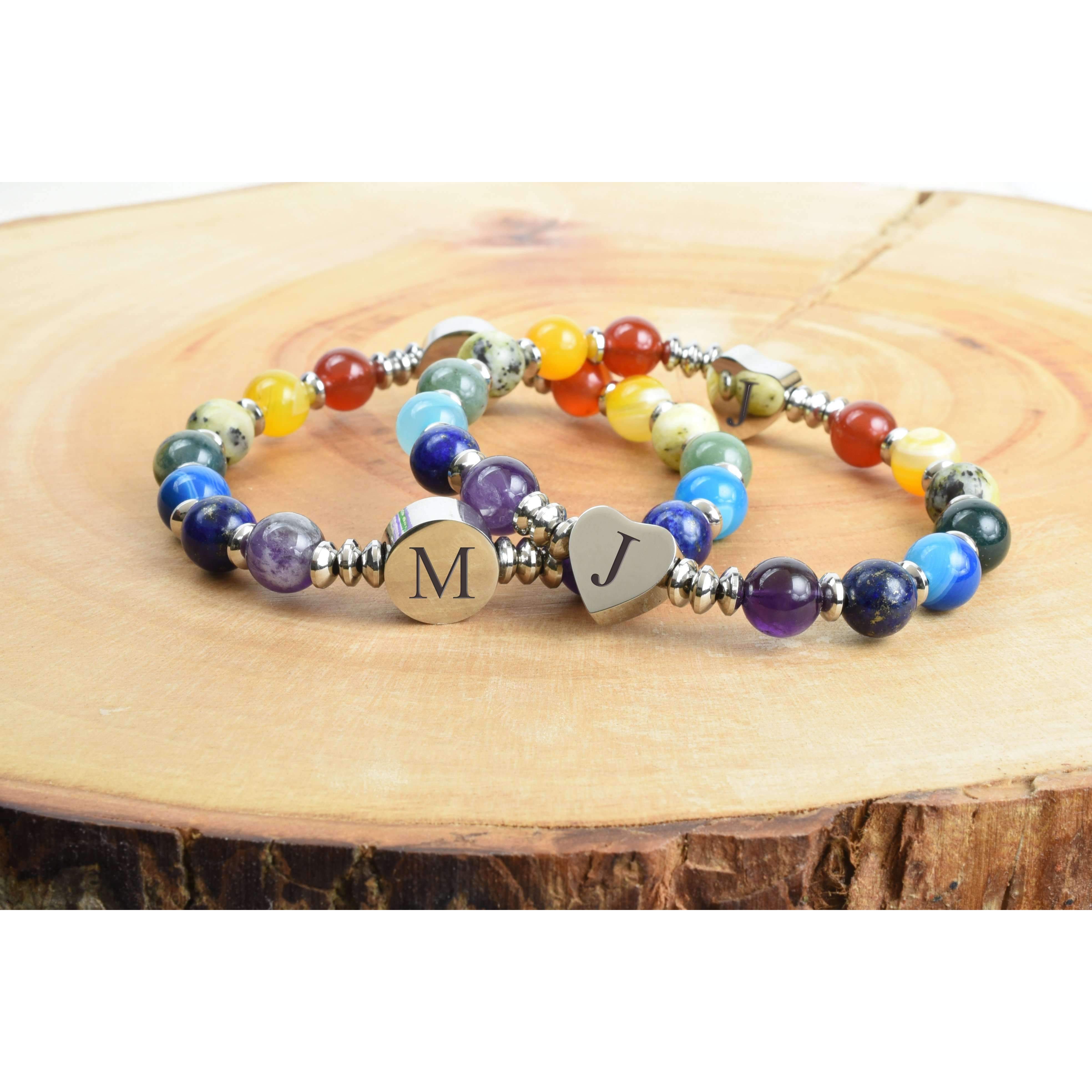 Chakra Initial Bracelet with Genuine Stones and Stainless Steel Accent - Made in USA Bijou Her