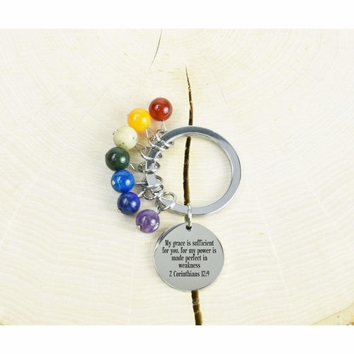 Chakra Scripture Keychain with Genuine Gemstones and Stainless Steel Bijou Her