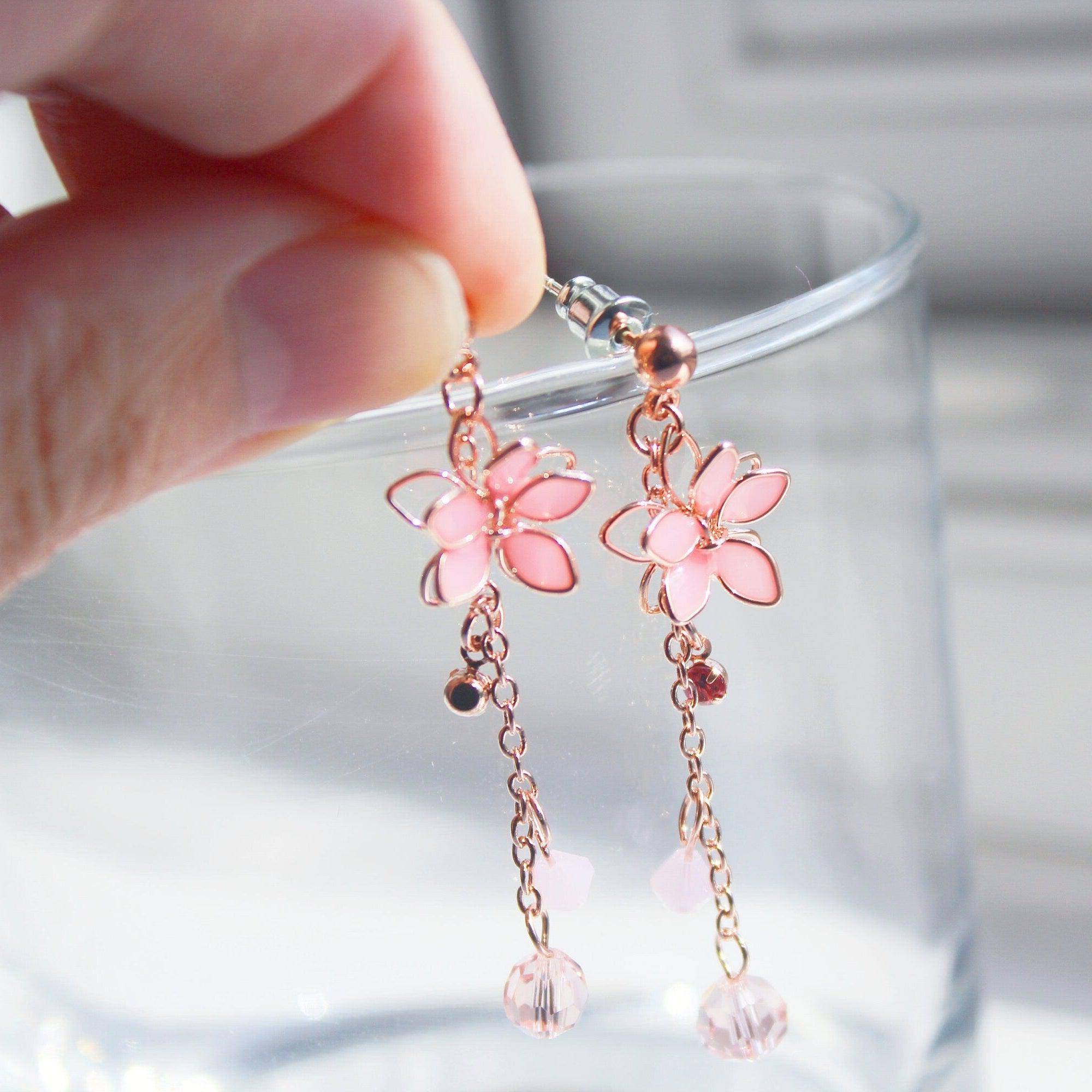 Cherry Flower Earrings - Pink Five Petals Flower Dangle Drop Earrings Bijou Her