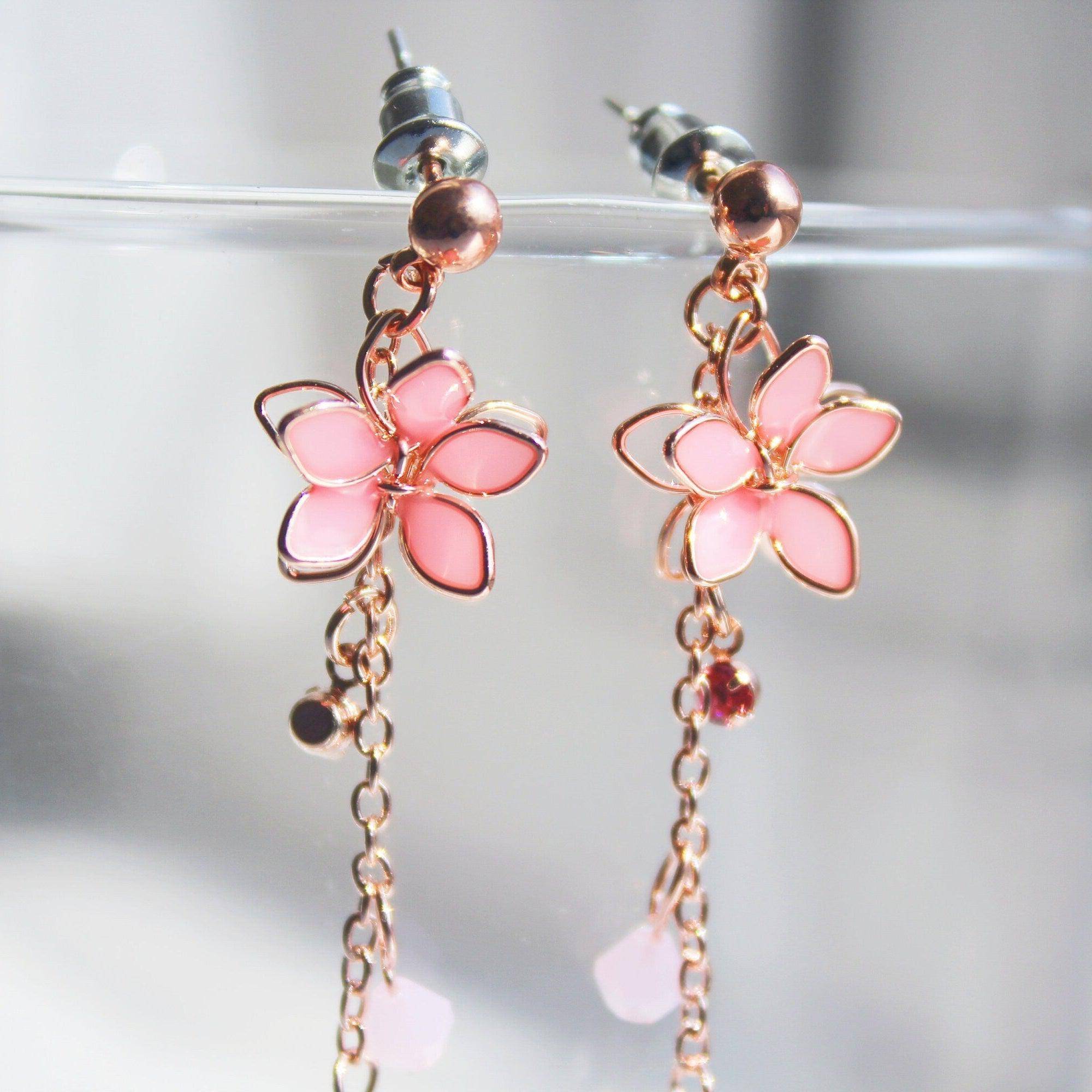 Cherry Flower Earrings - Pink Five Petals Flower Dangle Drop Earrings Bijou Her