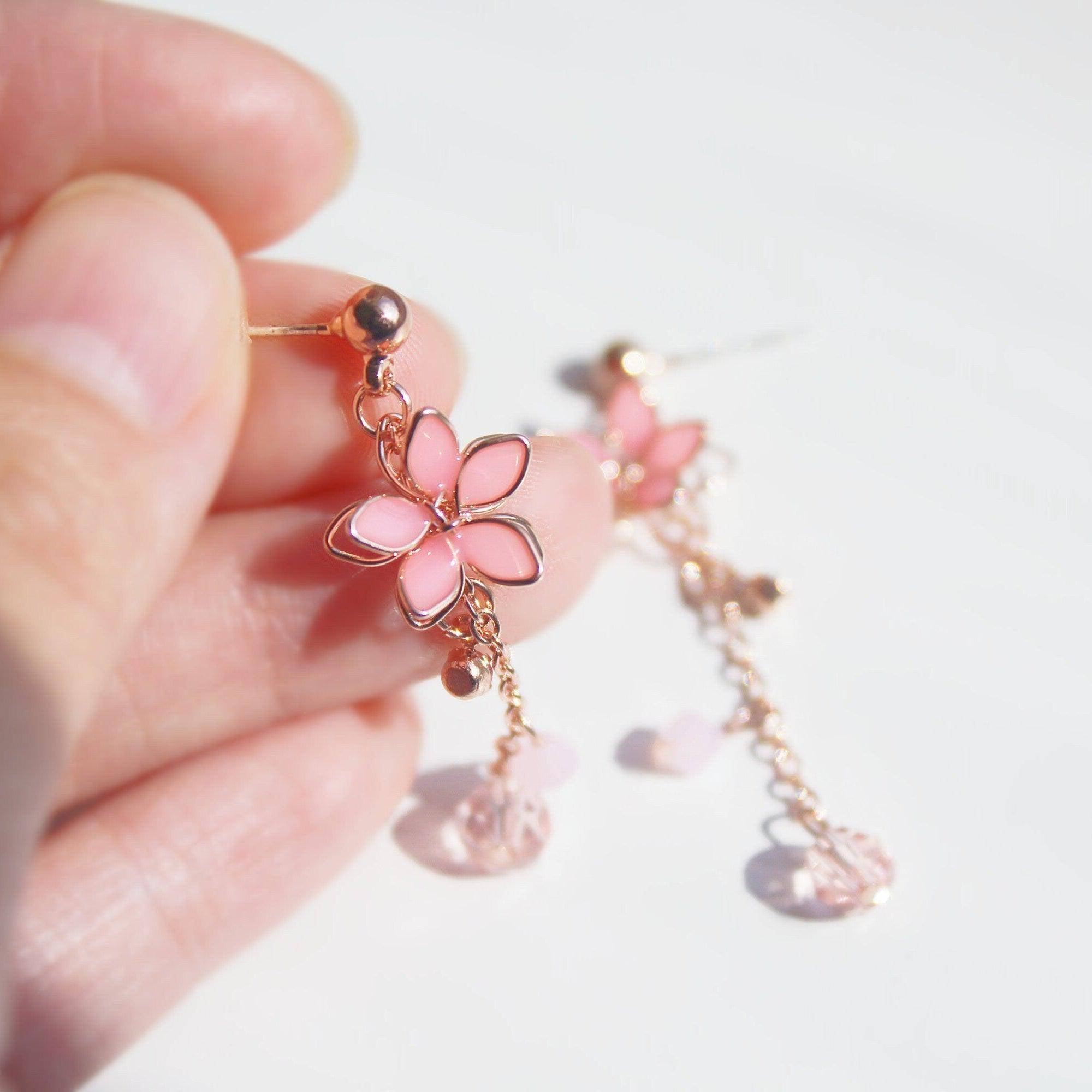 Cherry Flower Earrings - Pink Five Petals Flower Dangle Drop Earrings Bijou Her