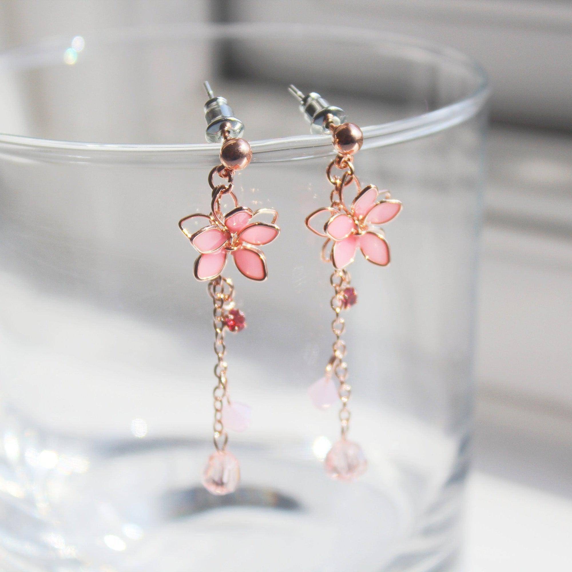 Cherry Flower Earrings - Pink Five Petals Flower Dangle Drop Earrings Bijou Her