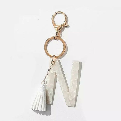 Chic White Tasseled Initial Key Chain - 1.5" x 4" Dimension - Made in China Bijou Her