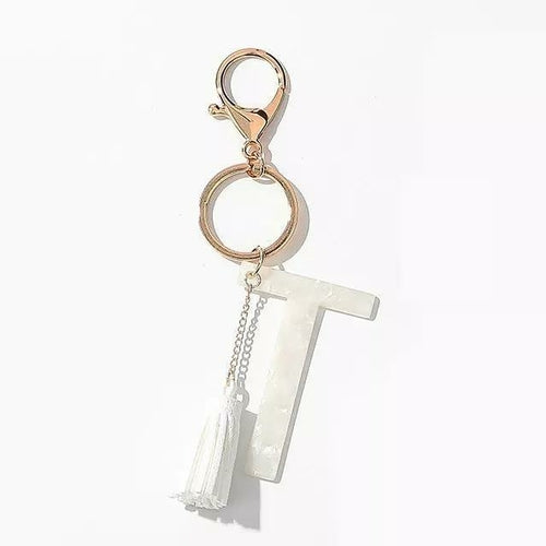 Chic White Tasseled Initial Key Chain - 1.5" x 4" Dimension - Made in China Bijou Her