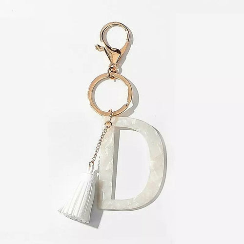 Chic White Tasseled Initial Key Chain - 1.5" x 4" Dimension - Made in China Bijou Her