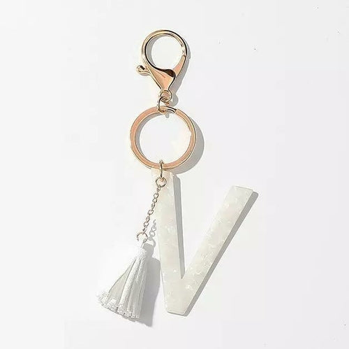 Chic White Tasseled Initial Key Chain - 1.5" x 4" Dimension - Made in China Bijou Her