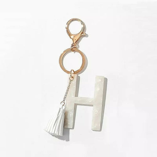 Chic White Tasseled Initial Key Chain - 1.5" x 4" Dimension - Made in China Bijou Her