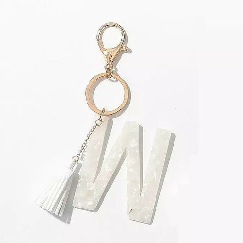 Chic White Tasseled Initial Key Chain - 1.5" x 4" Dimension - Made in China Bijou Her