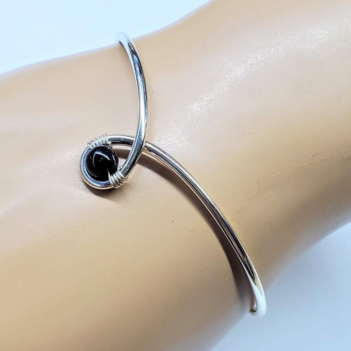 Child Abuse Awareness Teardrop Bangle with Blue Sandstone Bead - Handcrafted Sterling Silver Design with Unique Sparkle Bijou Her