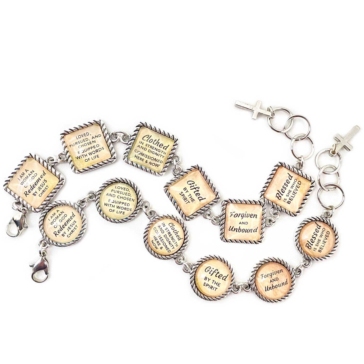 Christian Affirmation Charm Bracelet - Personalized, Antique Silver Square Design Bijou Her