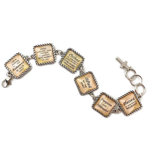 Christian Affirmation Charm Bracelet - Personalized, Antique Silver Square Design Bijou Her