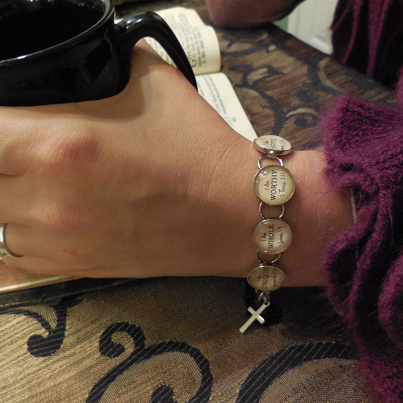 Christian Hymn & Scripture Charm Bracelet - Handcrafted Glass Charms with Dangling Cross Bijou Her