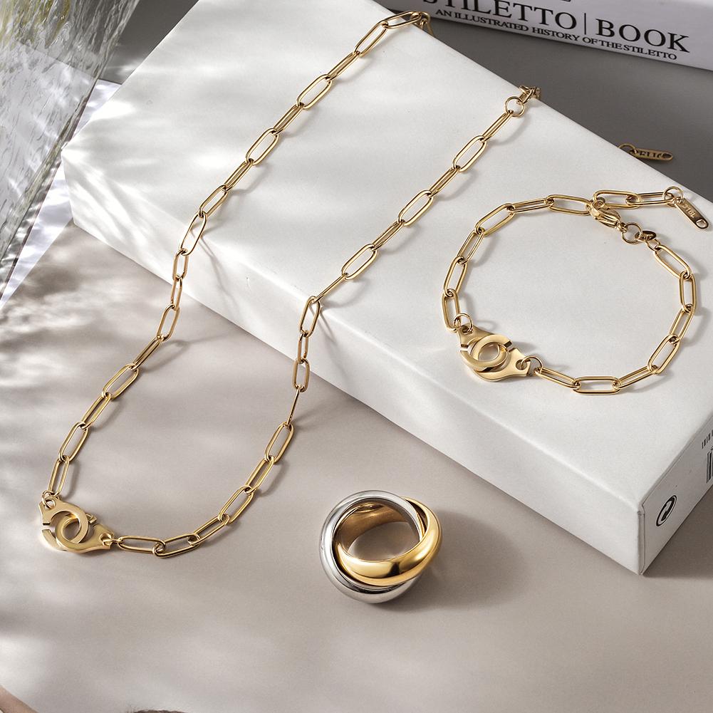 Chunky Link Jewelry Set - Necklace, Bracelet, and Ring in Gold for Women Bijou Her