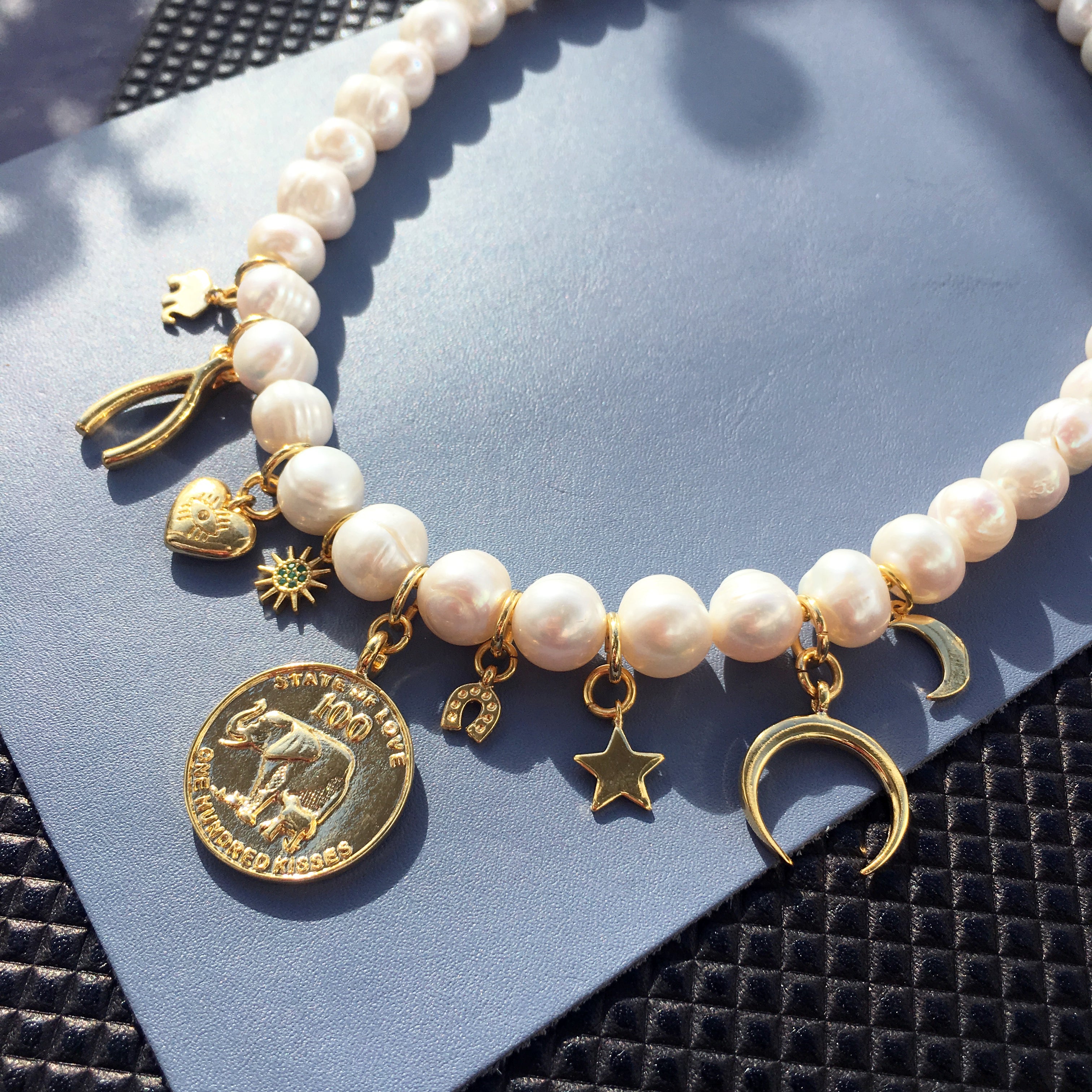 Chunky Pearl Necklace with Lucky Charms - 24K Gold Plated & Crystal Accents Bijou Her