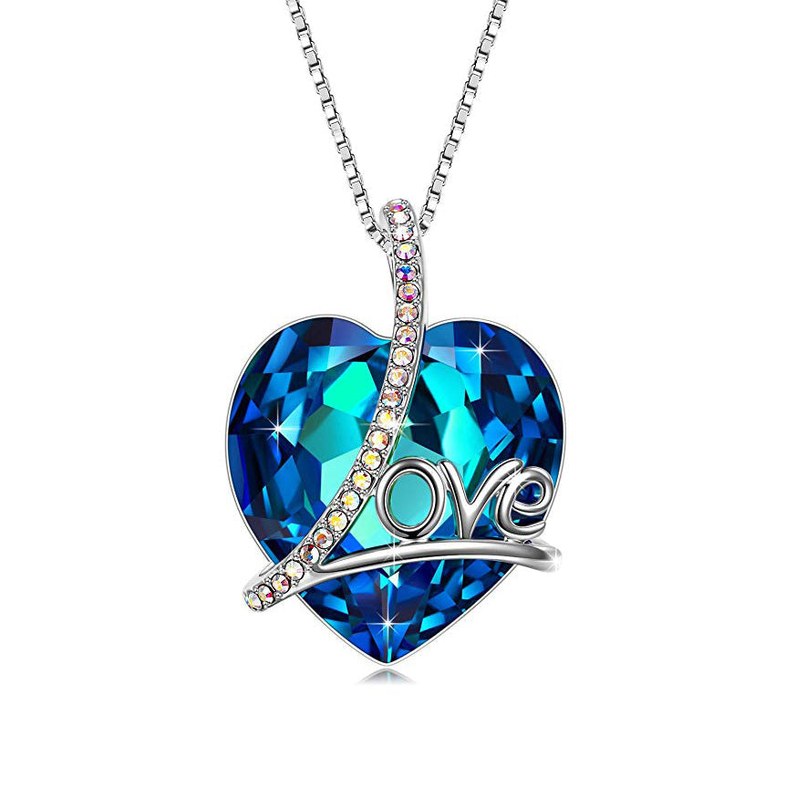 Classic Blue Heart Pendant Necklace in 14K White Gold Plating - Bermuda Blue Stone, 18 Chain" Bijou Her