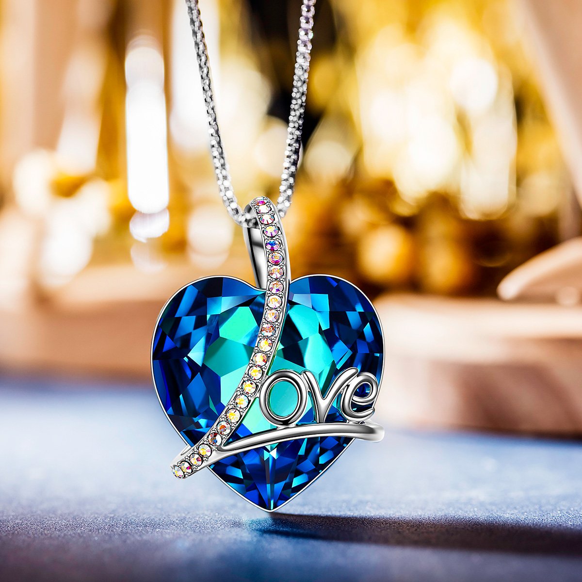 Classic Blue Heart Pendant Necklace in 14K White Gold Plating - Bermuda Blue Stone, 18 Chain" Bijou Her