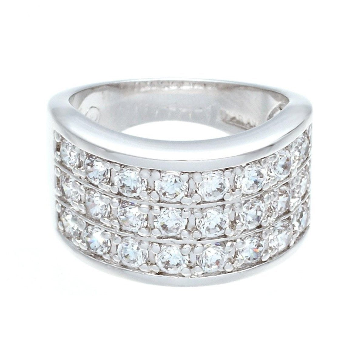Clear CZ Three Row Ring - 24 Stones, Rhodium Plated Brass, Affordable Glamour Bijou Her