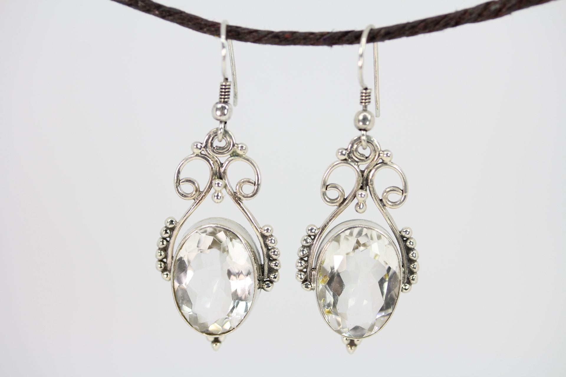 Clear Crystal Quartz Sterling Silver Earrings - Open Work Design, 2" Drop, Handmade Bijou Her
