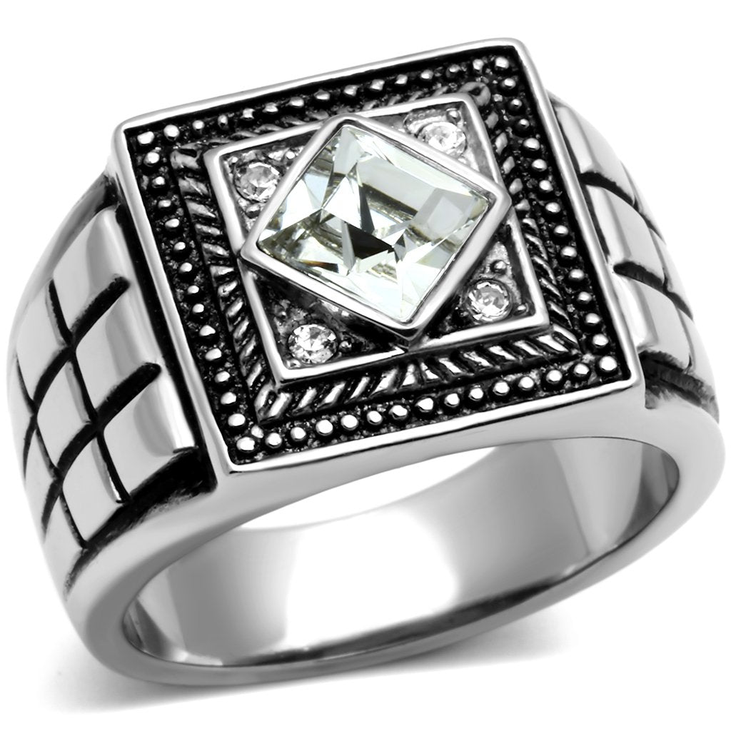 Clear Synthetic Crystal Stainless Steel Men's Ring - High Polished Design Bijou Her