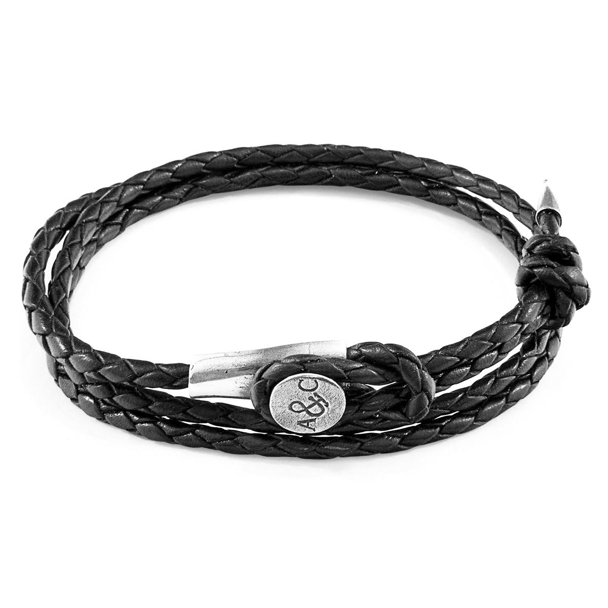 Coal Black Dundee Silver and Leather Bracelet: Handcrafted in Great Britain with Genuine Braided Leather and Solid Sterling Silver Cleat Bijou Her