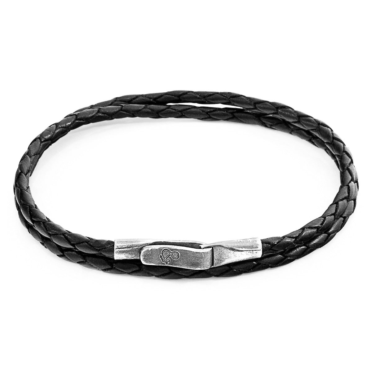 Coal Black Liverpool Silver and Leather Bracelet - Handcrafted in Great Britain with Genuine Braided Leather and Solid Sterling Silver Clasp Bijou Her