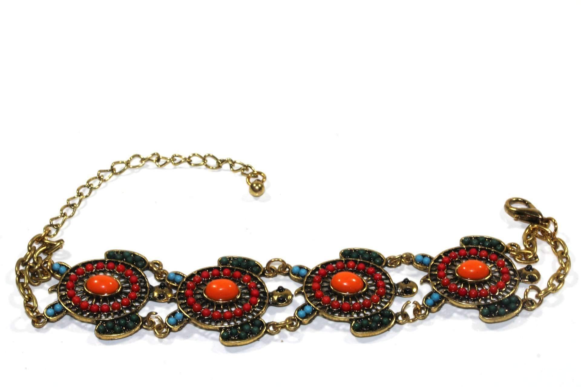 Colorful Bead Drop Turtle Bracelet - Handmade with Gold Tone Finish and Colorful Beads, Available in Different Colors, 7.5 Inches with Extender, Lobster Clasp Closure. Bijou Her