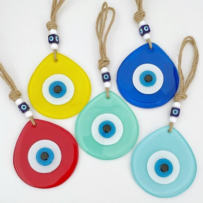 Colorful Evil Eye Wall Hanging - Handmade Fused Glass Bead Home Decor with Greek Lucky Charm - 31cm Length Bijou Her