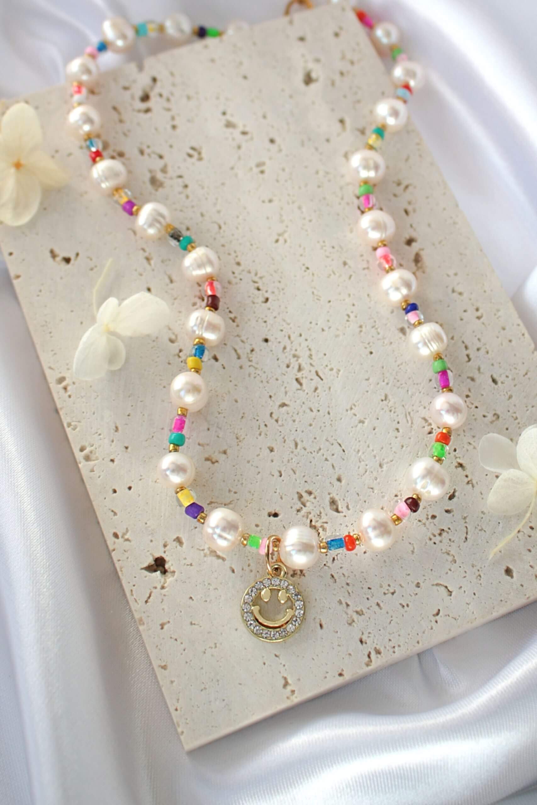 Colorful Freshwater Pearl and Bead Choker Necklace with Gold Smiley Charm - Handmade, Hypoallergenic, 15.7 Inches Bijou Her