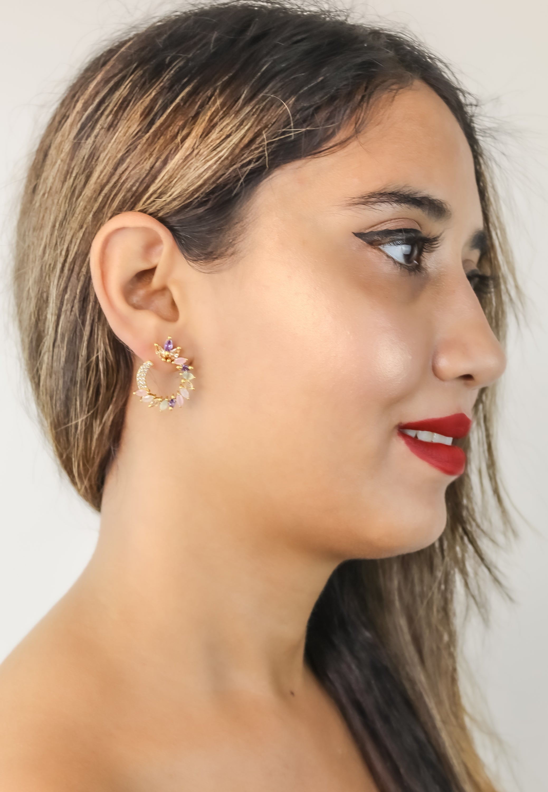 Colorful Golden Viper Earrings with Zirconia Stones - 18K Gold Plated, Lightweight Design, Pierced Ears | Bombay Sunset Sustainability Values Bijou Her