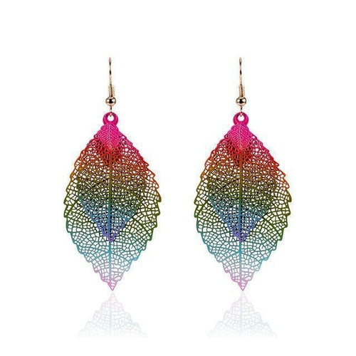 Colorful Leaf Dangle Earrings - Boho Style Jewelry in Zinc Alloy and Fabric, 2.2" Length Bijou Her