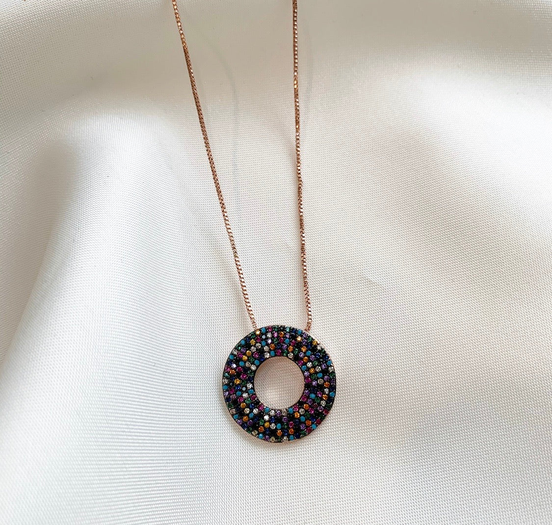 Colorful Stone Lia Necklace - Bohemian Style Pendant with Black Finish and 14k Rose Gold Plating, Cubic Zirconia Stone, 16-18" Length Bijou Her