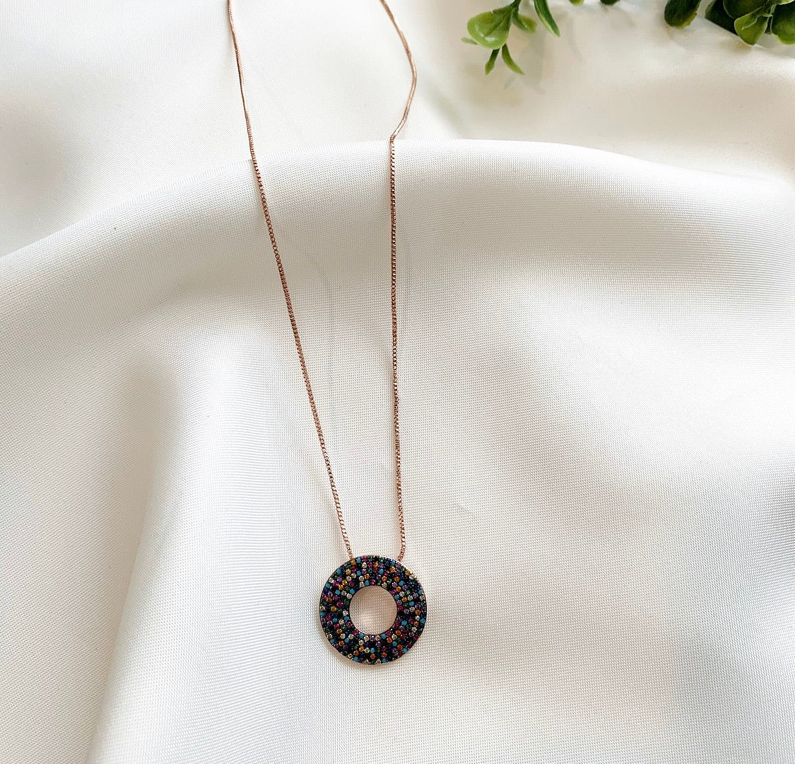 Colorful Stone Lia Necklace - Bohemian Style Pendant with Black Finish and 14k Rose Gold Plating, Cubic Zirconia Stone, 16-18" Length Bijou Her