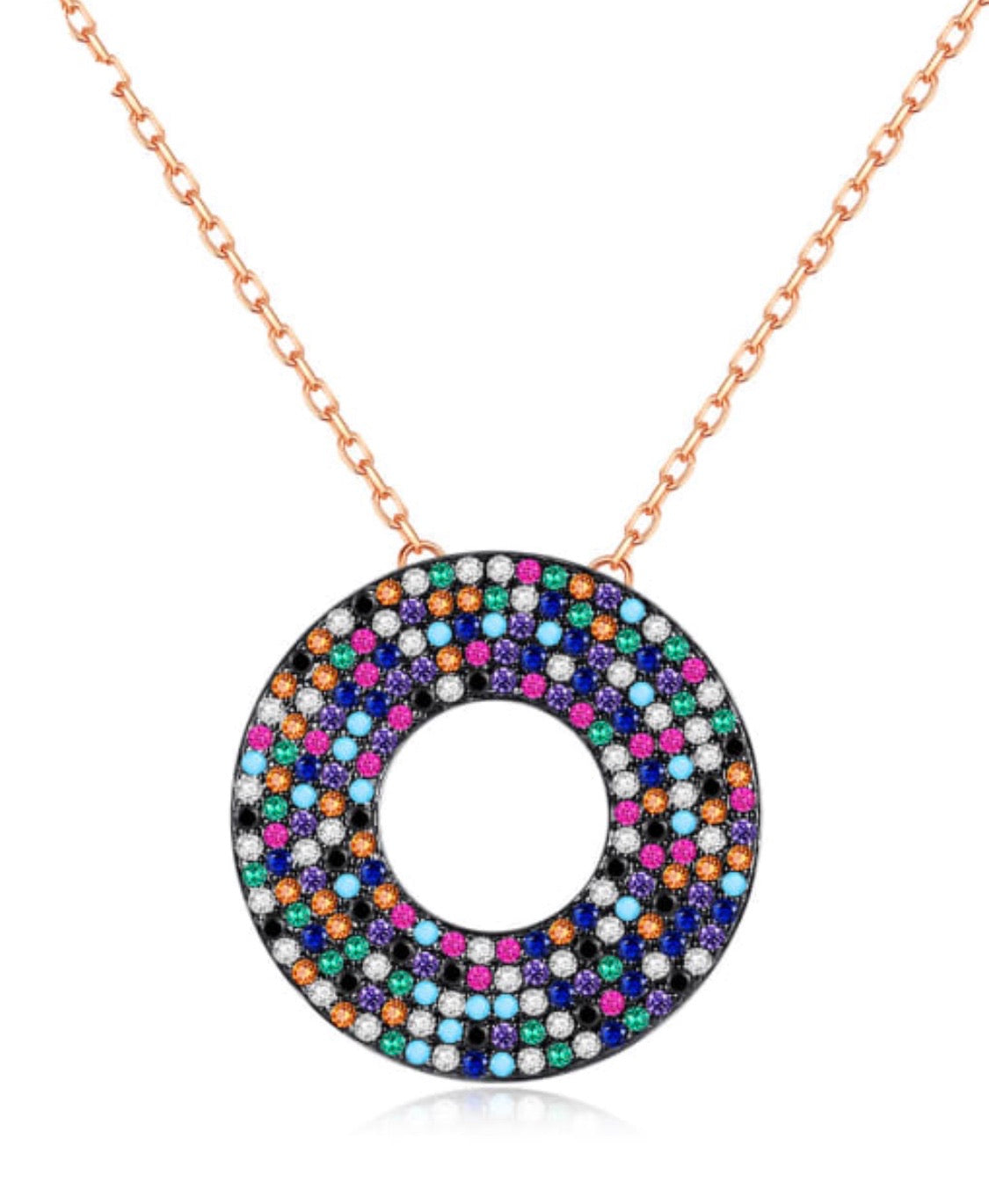 Colorful Stone Lia Necklace - Bohemian Style Pendant with Black Finish and 14k Rose Gold Plating, Cubic Zirconia Stone, 16-18" Length Bijou Her