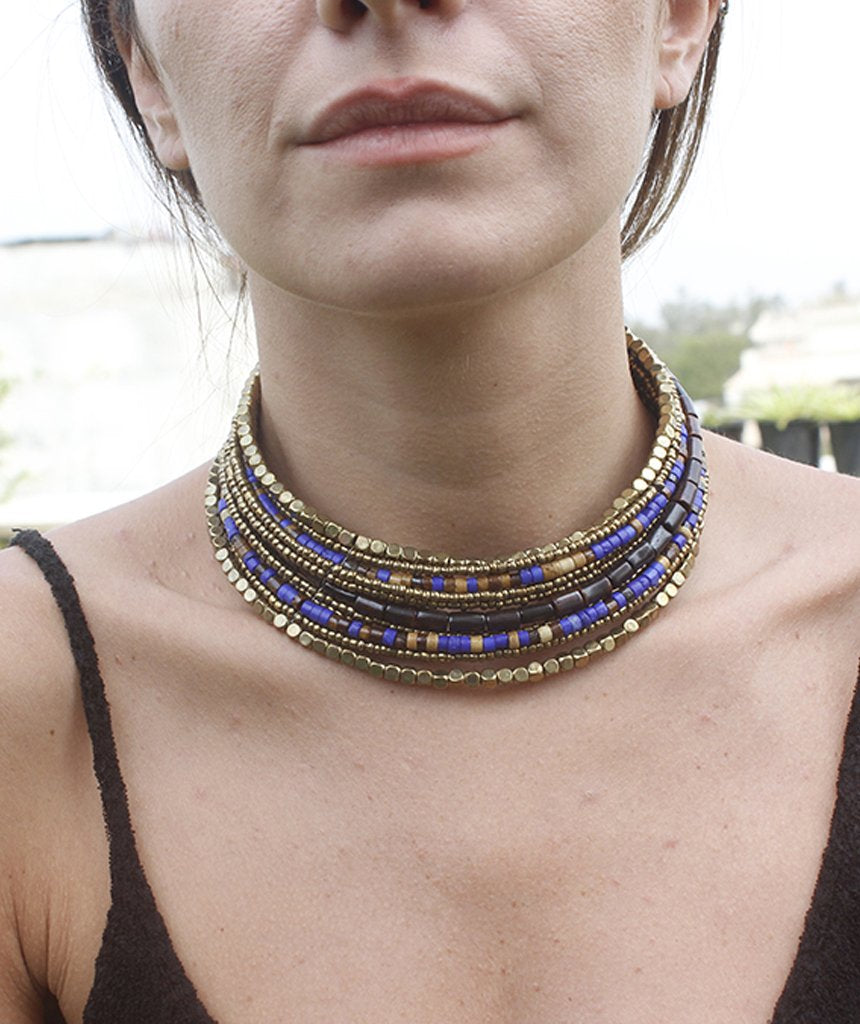 Colorful Two-Toned Pharaoh's Beaded Choker Necklace Bijou Her