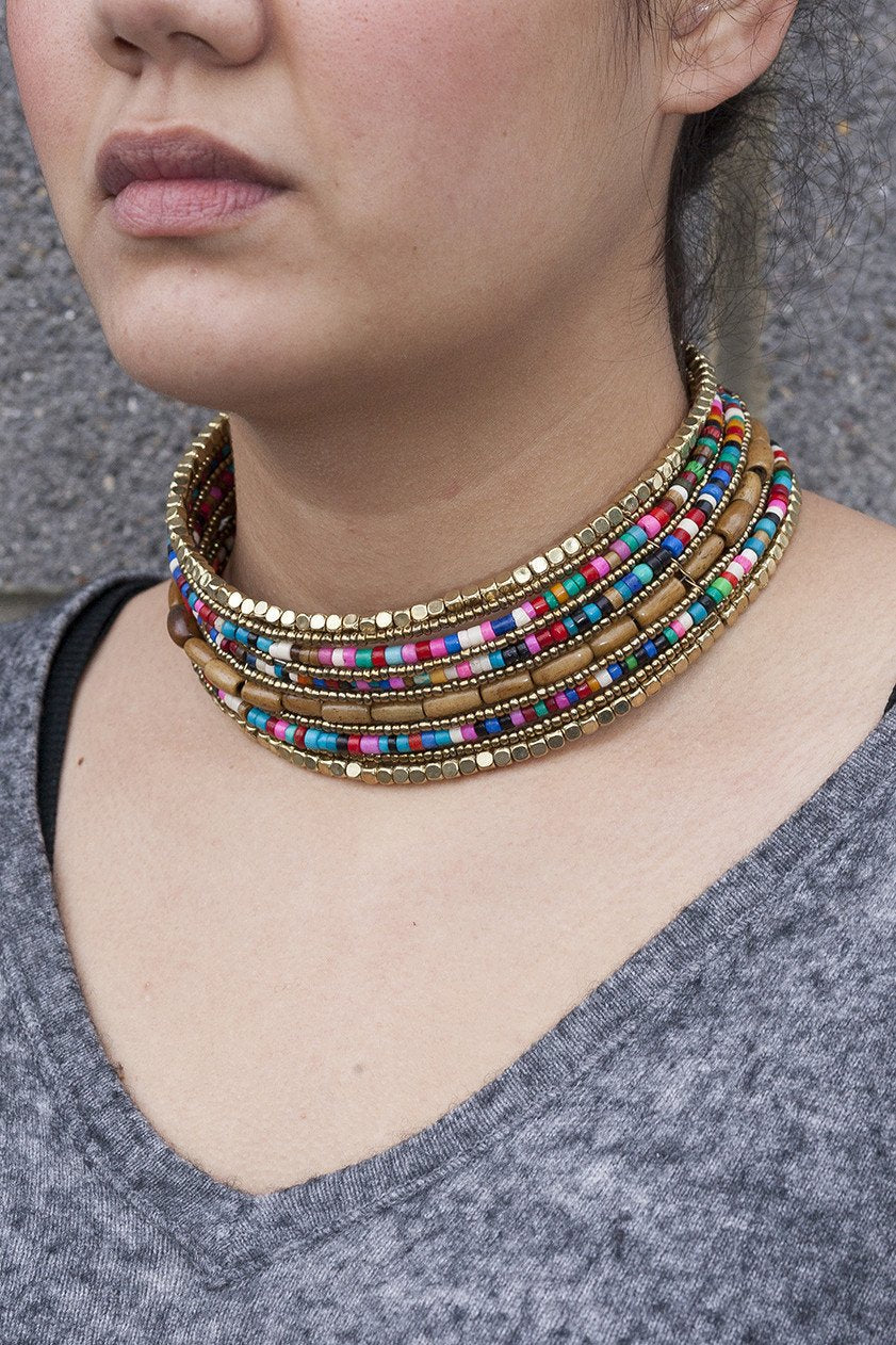 Colorful Two-Toned Pharaoh's Beaded Choker Necklace Bijou Her