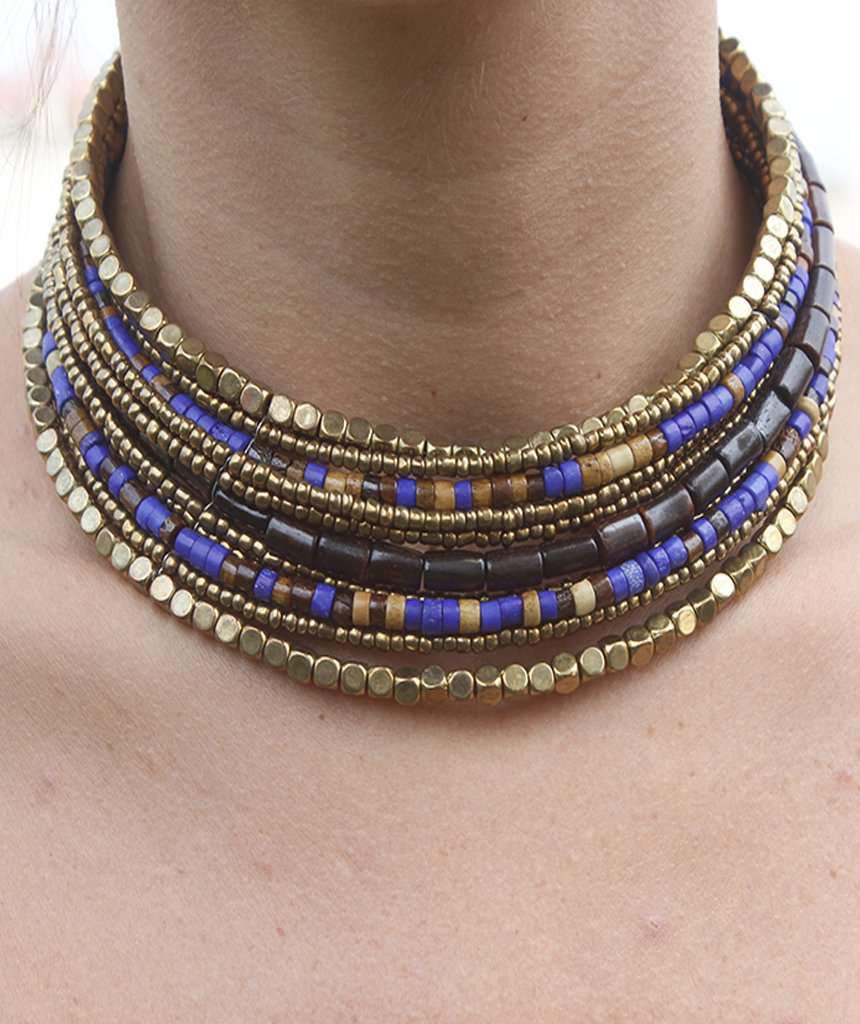 Colorful Two-Toned Pharaoh's Beaded Choker Necklace Bijou Her