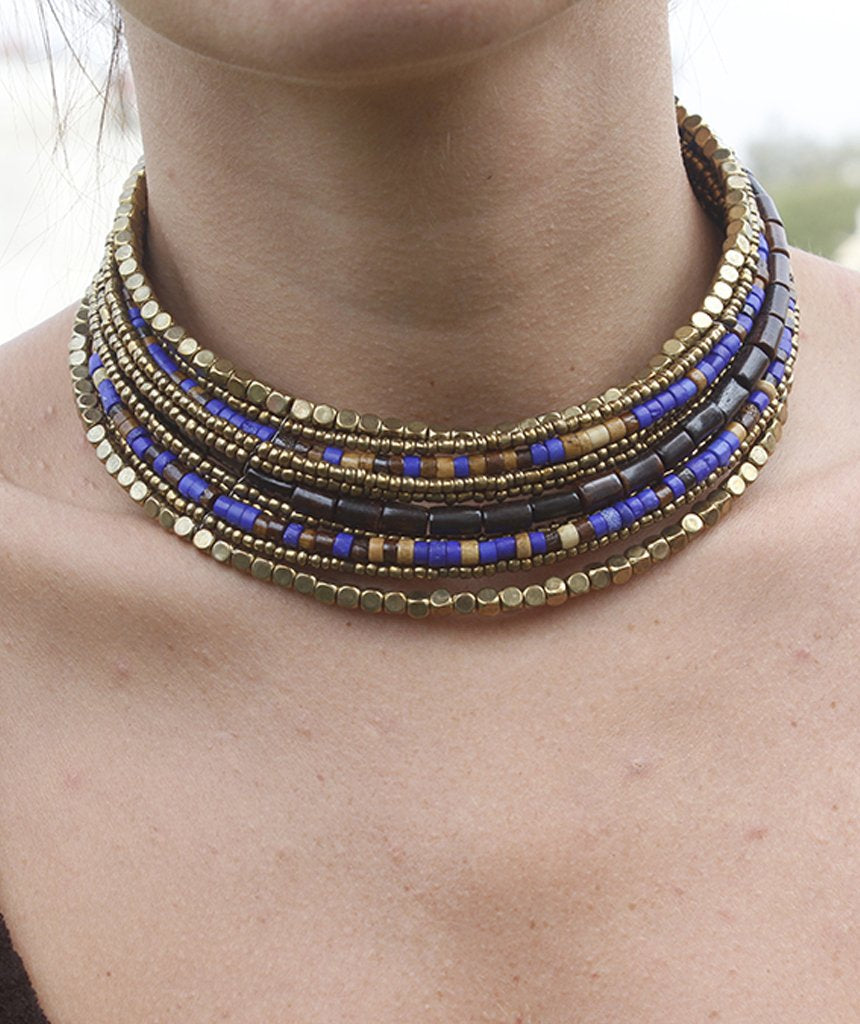 Colorful Two-Toned Pharaoh's Beaded Choker Necklace Bijou Her