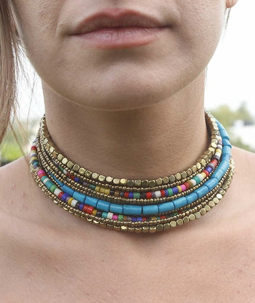 Colorful Two-Toned Pharaoh's Beaded Choker Necklace Bijou Her